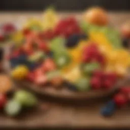 A vibrant assortment of fresh fruits arranged artistically on a rustic wooden table showcasing healthy snacking options.