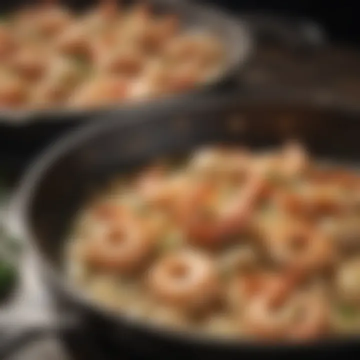 A skillet with shrimp and garlic sautéing