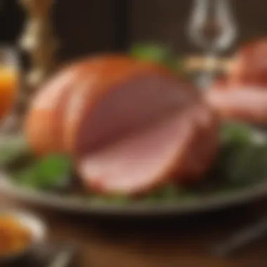 Presentation of the Glazed Ham A succulent slice of glazed ham on a festive table