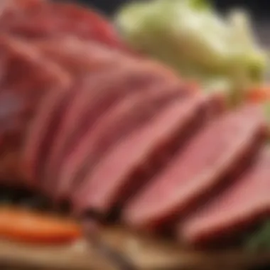 A close-up of corned beef showing its tender texture and seasoning