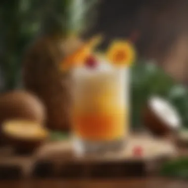 Tropical Cocktail Delight A beautifully crafted cocktail featuring coconut syrup and garnished with tropical fruits
