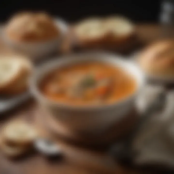 A hearty soup in a rustic bowl with warm bread