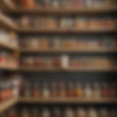 Open pantry shelves displaying a variety of food items