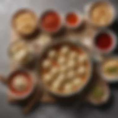 A table set with sauces and dips for dumplings