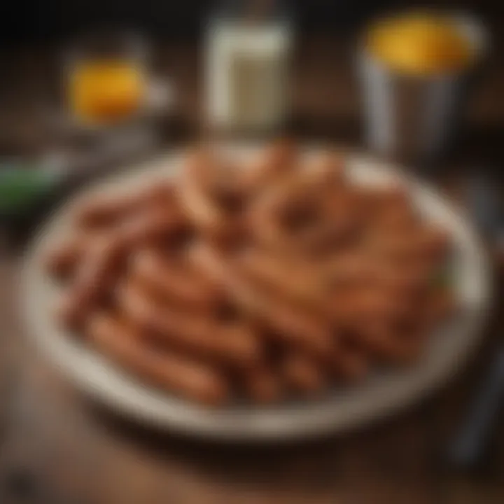An assortment of breakfast sausage links neatly displayed on a rustic plate