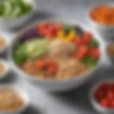 Close-up of a nutritious and appetizing lunch bowl filled with grains and vegetables.