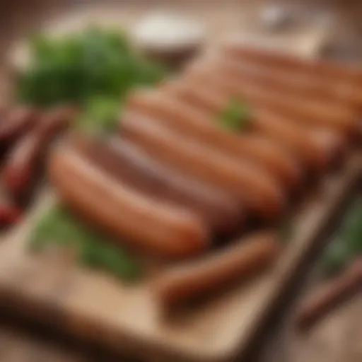 A selection of gourmet sausages arranged on a wooden board with fresh herbs.