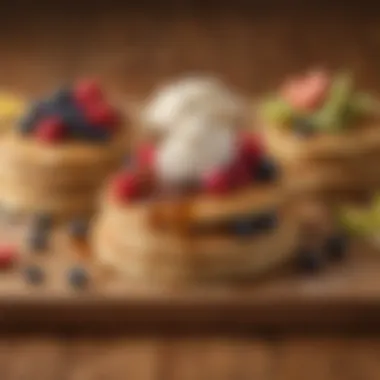 An array of toppings displayed on a wooden surface, including fruits, whipped cream, and maple syrup.