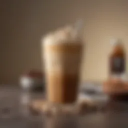 Ice-cold latte in a glass with coffee beans