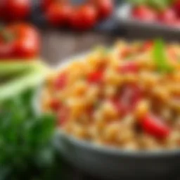 A vibrant bowl of macaroni salad with colorful vegetables and herbs