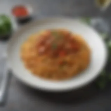 Elegant Plating of Meatless Spaghetti An elegant plate of meatless spaghetti adorned with herbs and garnishes