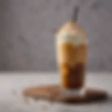 Garnished Iced Caramel Macchiato An elegant glass of iced caramel macchiato garnished with a drizzle of caramel and a straw.