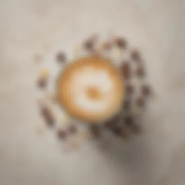 A selection of coffee beans, milk, and caramel syrup arranged artistically on a countertop.