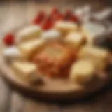 Various cheeses spread out on a wooden board