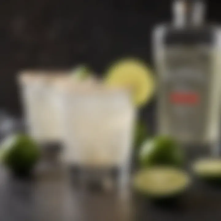 A close-up view of high-quality tequila, triple sec, and fresh lime juice lined up