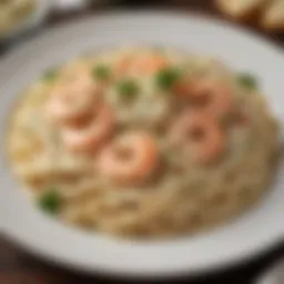 Plate of creamy shrimp alfredo garnished with parsley