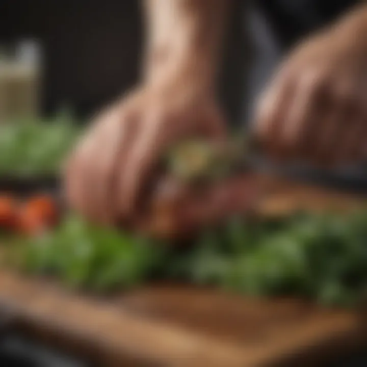 A chef's knife slicing through fresh herbs for the sauce