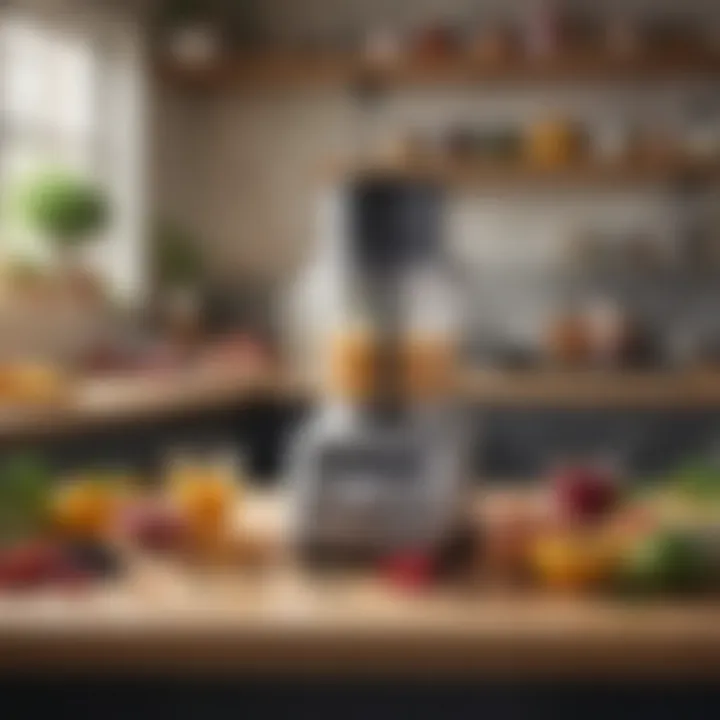 Food processor on a kitchen counter surrounded by ingredients
