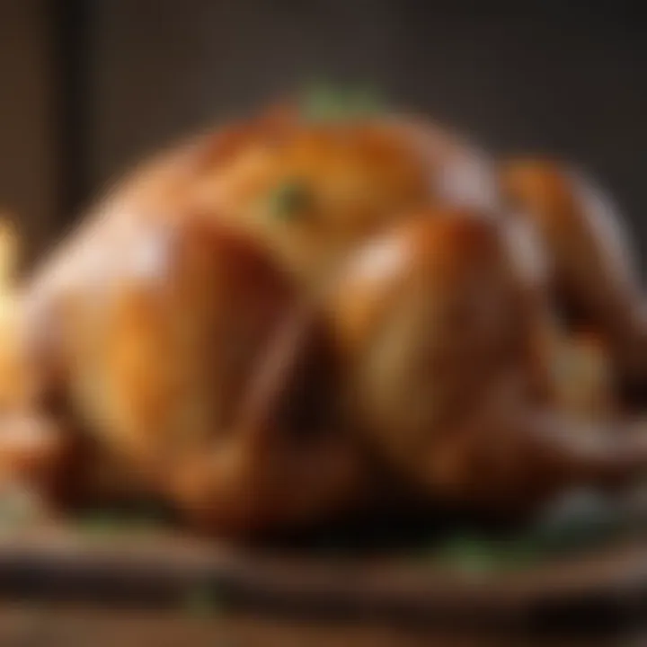 A close-up view of crispy skin on a perfectly roasted chicken.