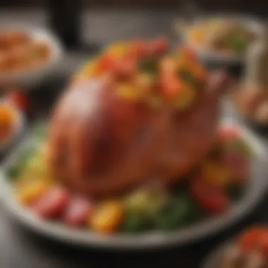 Baked Ham Accompanied by Colorful Vegetables Baked ham served with a vibrant vegetable medley