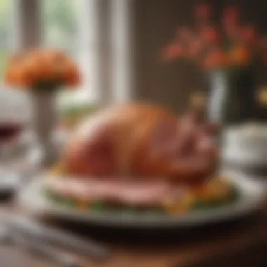 Elegant Dining Experience with Baked Ham An elegant table setting featuring baked ham centerpiece