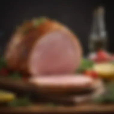Gourmet Presentation of Baked Ham Sliced baked ham adorned with fresh herbs and fruits