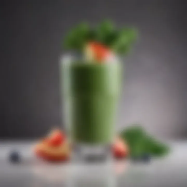 A gourmet kale smoothie in a glass, garnished with fresh fruit