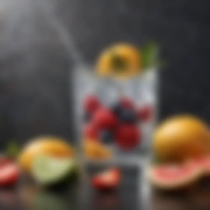 A glass of clear water next to fresh fruits symbolizing hydration