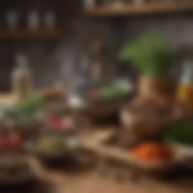 A cozy kitchen environment with a variety of spices and herbs on display.