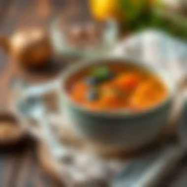 A bowl of warm broth with fresh vegetables and herbs.