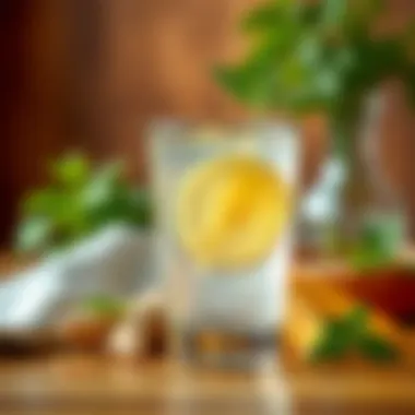 A glass of warm water with a slice of ginger and a sprig of mint.