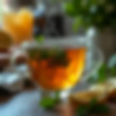 A steaming cup of herbal tea with fresh herbs and lemon.