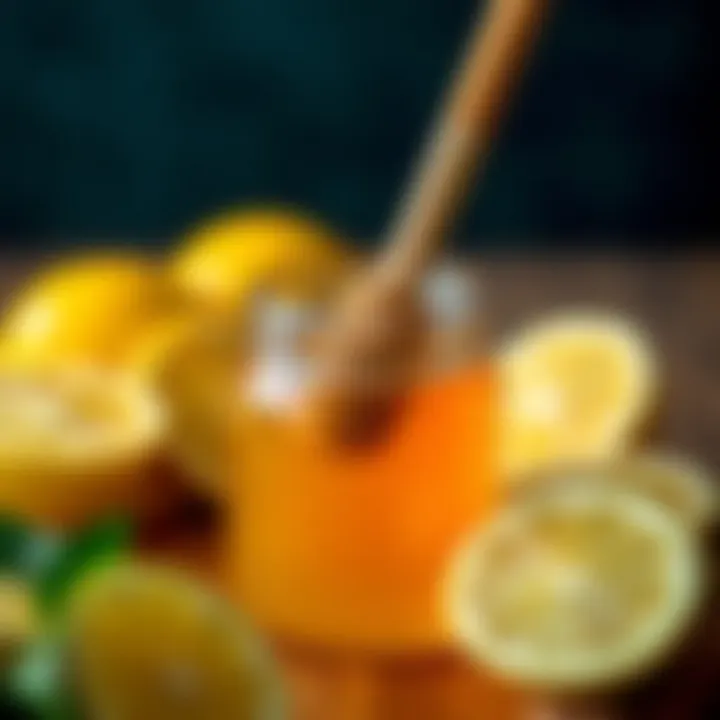 A jar of honey with a wooden dipper, surrounded by lemon slices.