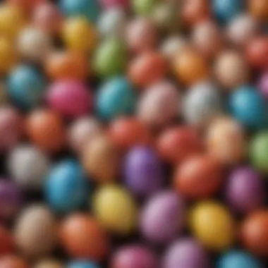 A close-up of decorated Easter eggs showcasing various coloring techniques