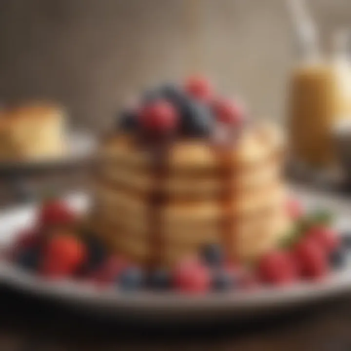 A stack of fluffy pancakes drizzled with syrup and topped with fresh berries.