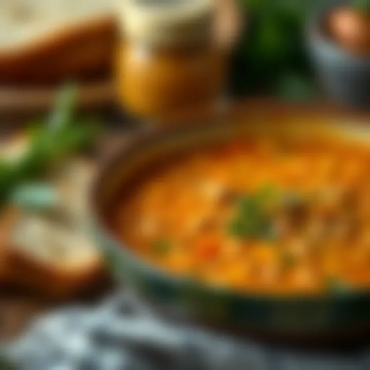 A rustic serving of lentil soup garnished with herbs