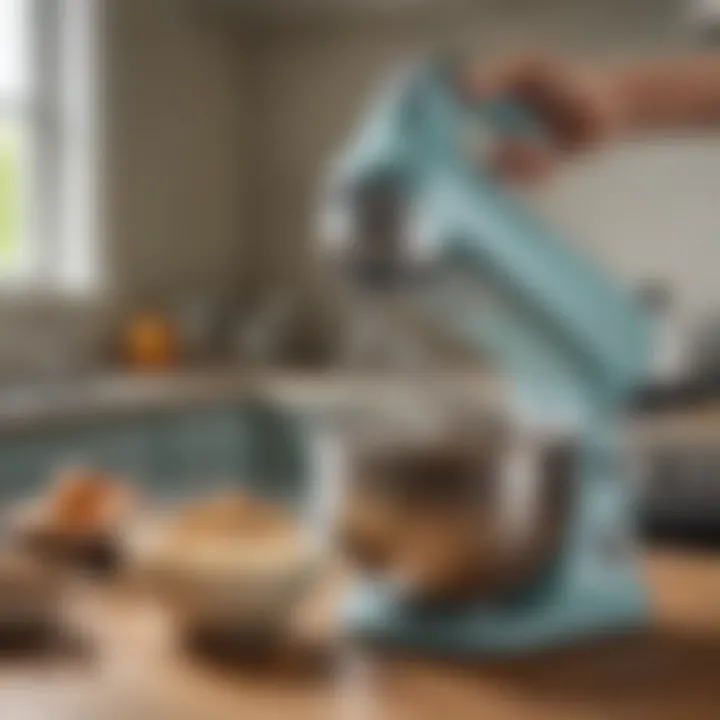 A close-up of the ergonomic design of a hand mixer