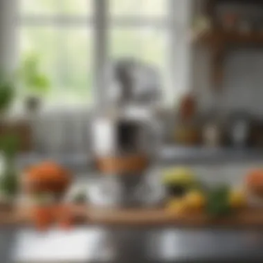 An electric mixer on a kitchen countertop surrounded by fresh ingredients