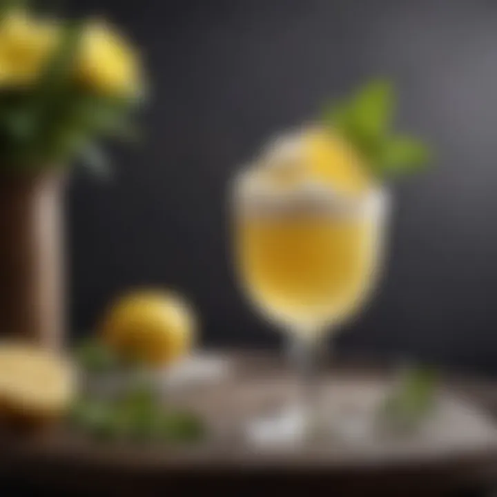 An elegant dessert glass filled with lemon sherbet, garnished with zest and herbs