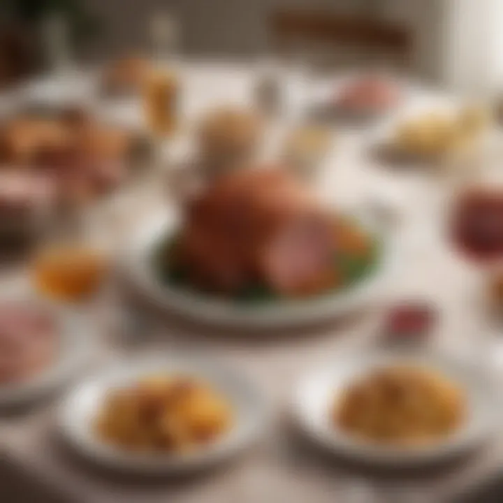 An elegant table setting featuring honey baked ham and side dishes