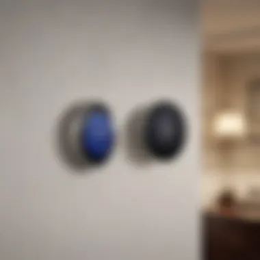 A smart thermostat on a living room wall, showcasing smart home technology.