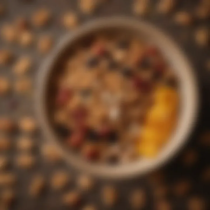 Close-up of a bowl filled with crunchy granola and dried fruits