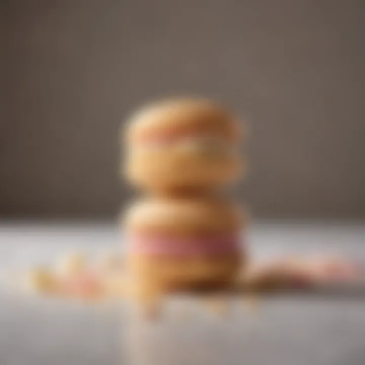 A close-up view of a macaron split open to reveal its luscious filling.