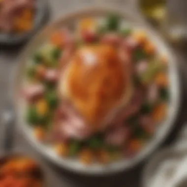 Easter Main Course Delight A beautifully arranged Easter main course featuring glazed ham and seasonal vegetables