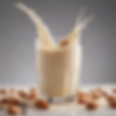 A close-up of almond milk poured into a glass, highlighting its creamy texture and color.