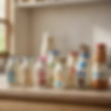 A variety of milk substitutes arranged on a kitchen counter, showcasing their diverse packaging and textures.