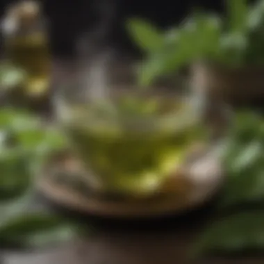 A steaming cup of brewed Amazon green tea surrounded by fresh leaves