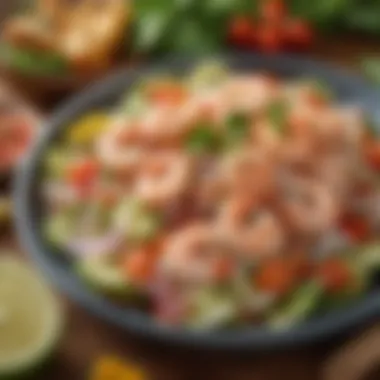 A close-up of a flavorful shrimp ceviche adorned with fresh vegetables