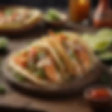 A rustic setting showcasing shrimp tacos filled with fresh ingredients