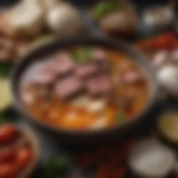 An array of key ingredients for Caldo de Res including beef, vegetables, and spices.